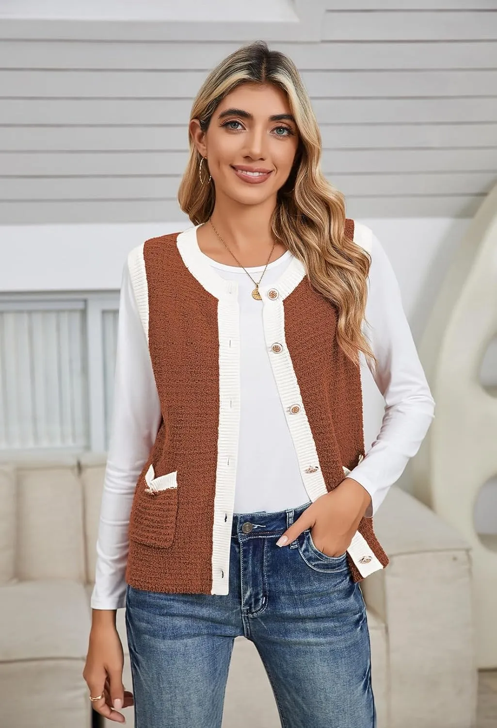 Pink Queen Women's Sweater Vest 2024 Sleeveless Knit Crewneck Button Down Tank Tops Fashion Casual Loose Summer Cardigans