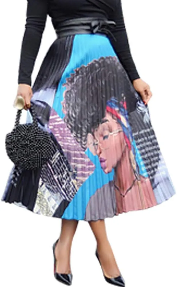 Pleated Skirt for Women Fashion Cartoon Print A-Line Skirt Vintage Skirts