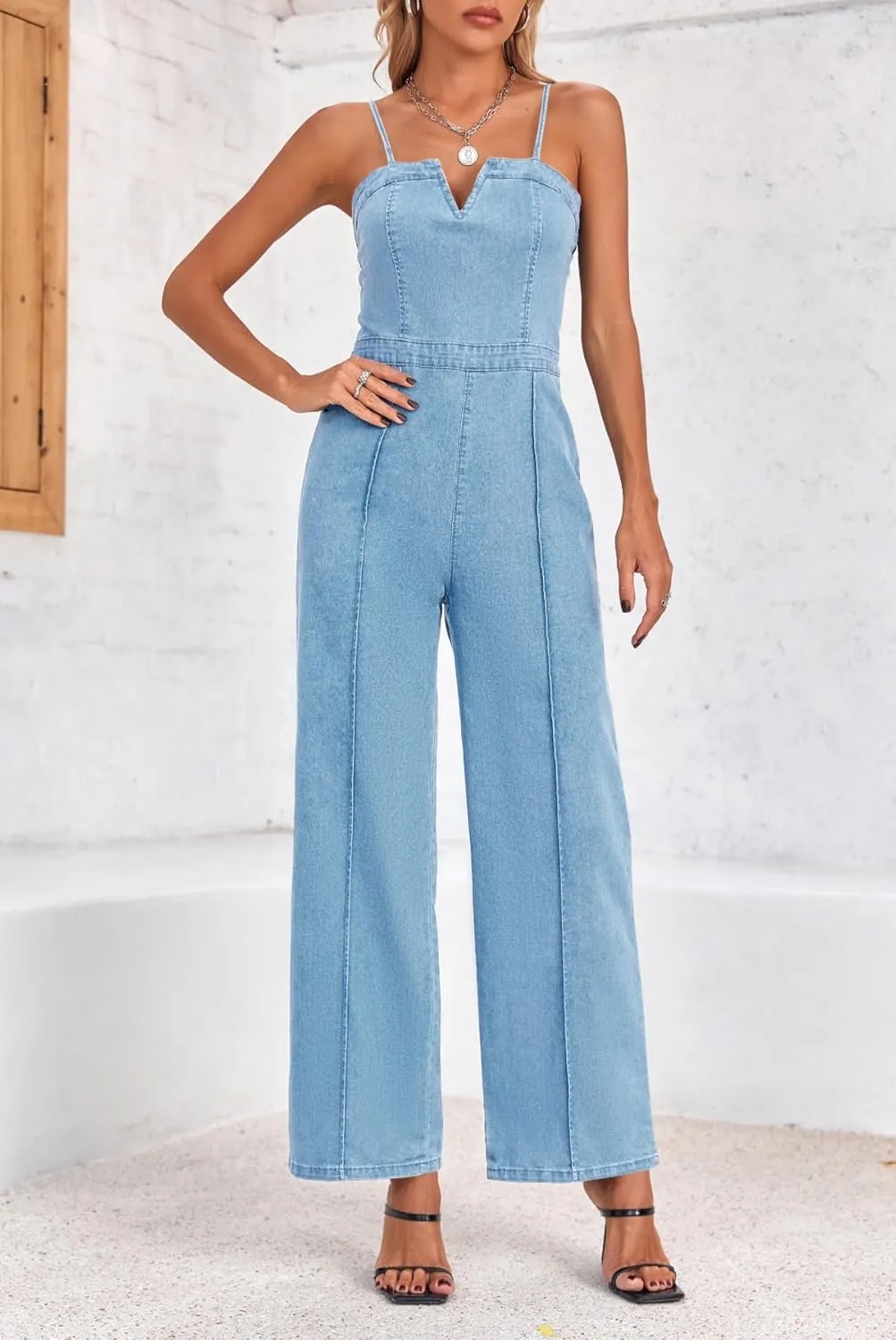 PLNOTME Womens Denim Jumpsuit Cute V Neck Spaghetti Straps Zip up Curvy Jeans Long Pants Rompers