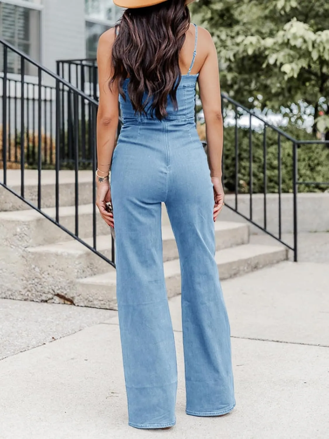 PLNOTME Womens Denim Jumpsuit Cute V Neck Spaghetti Straps Zip up Curvy Jeans Long Pants Rompers