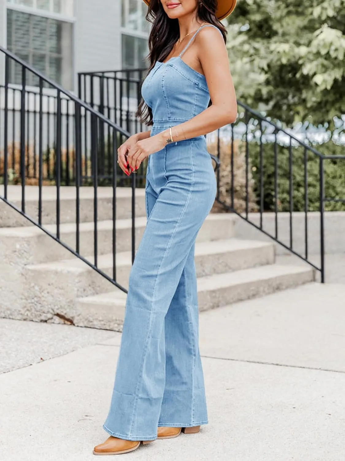 PLNOTME Womens Denim Jumpsuit Cute V Neck Spaghetti Straps Zip up Curvy Jeans Long Pants Rompers