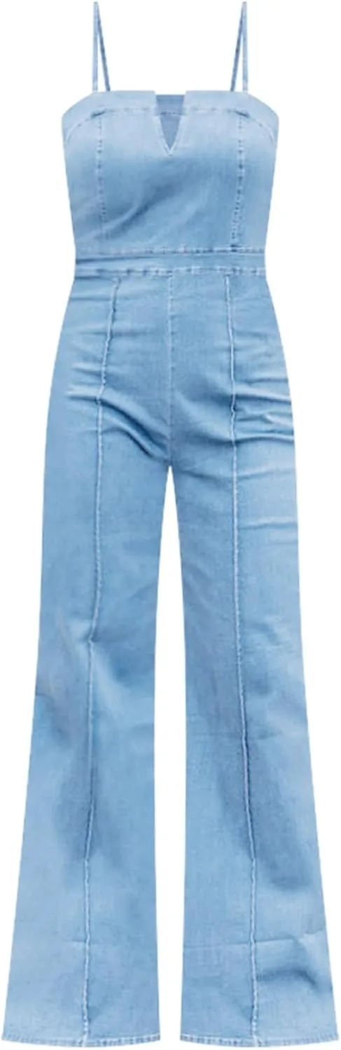 PLNOTME Womens Denim Jumpsuit Cute V Neck Spaghetti Straps Zip up Curvy Jeans Long Pants Rompers
