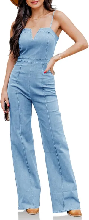 PLNOTME Womens Denim Jumpsuit Cute V Neck Spaghetti Straps Zip up Curvy Jeans Long Pants Rompers