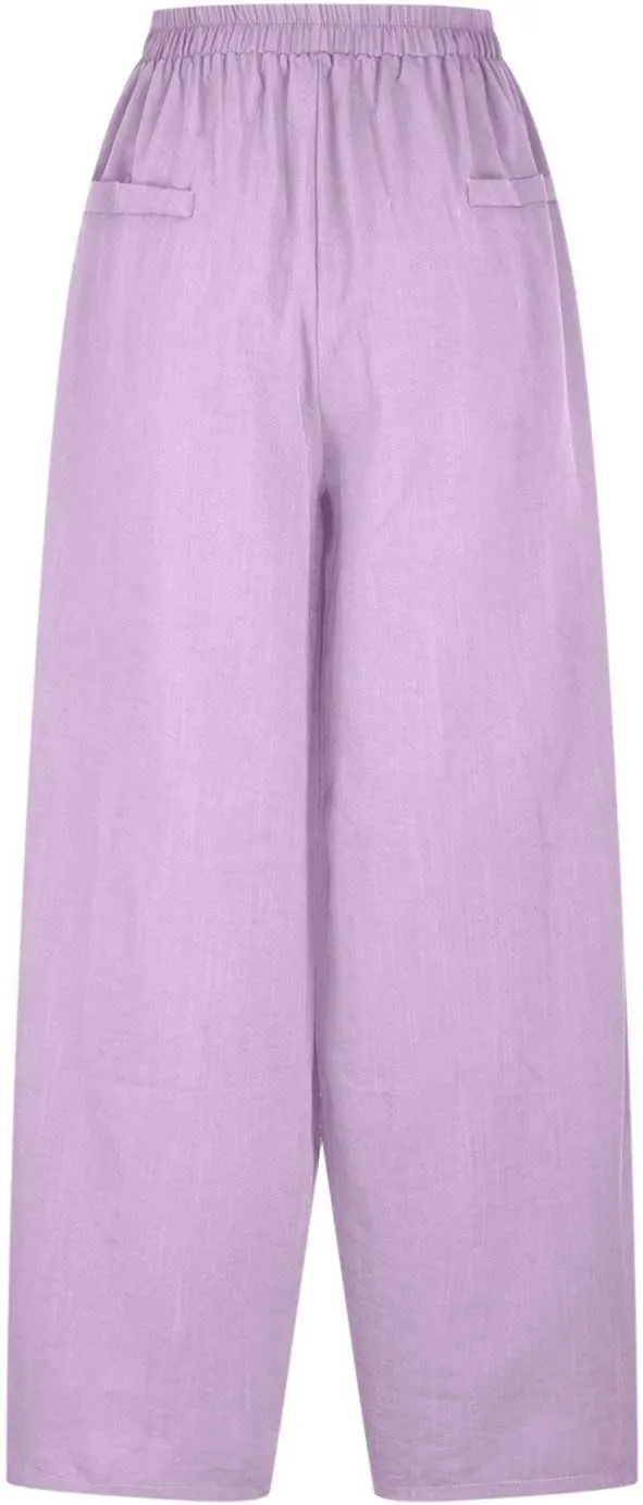 Plus Size Spring Cotton Linen Trousers for Women's Solid Elastic Waist Straight Tube Casual Wide Leg Lounge Pants