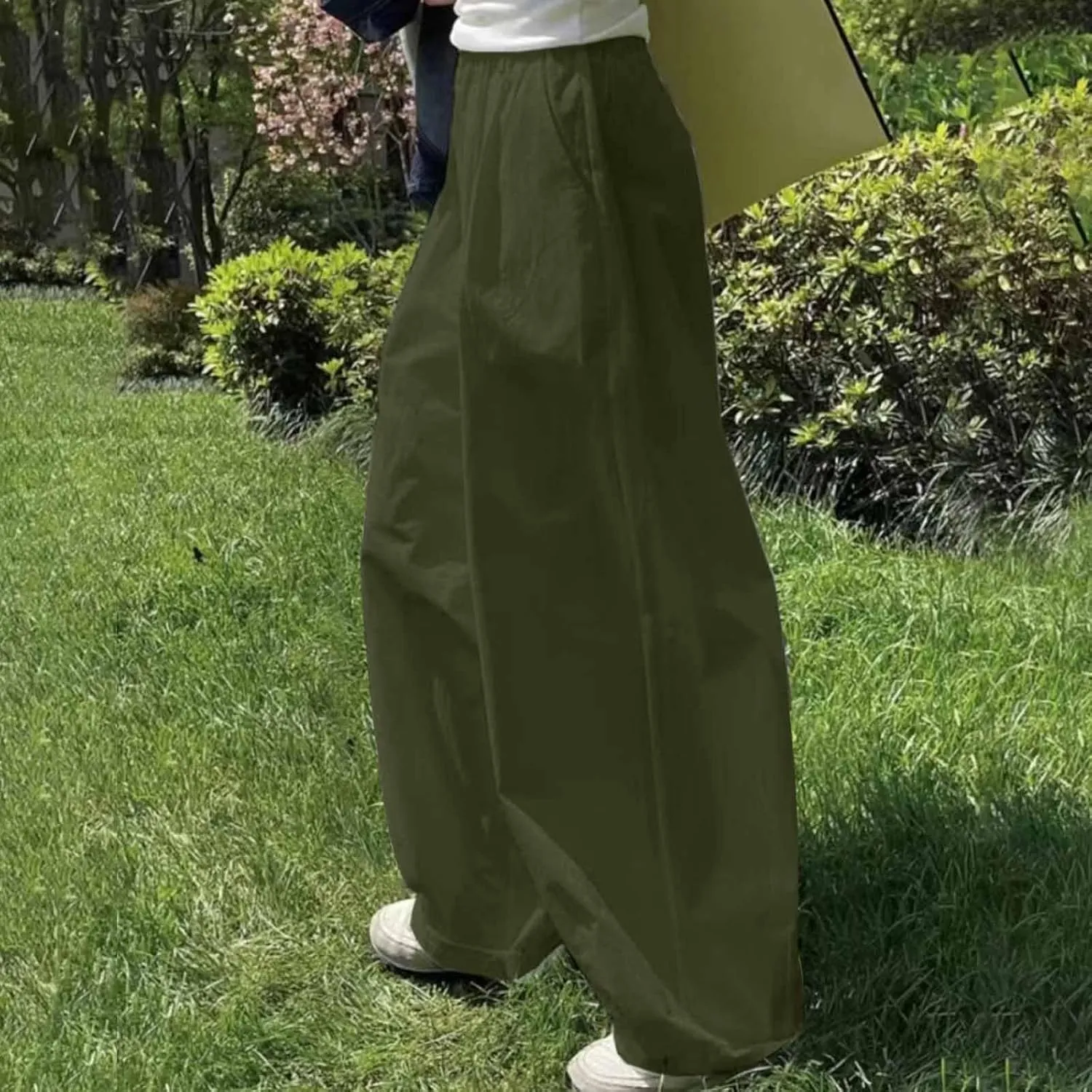 Plus Size Spring Cotton Linen Trousers for Women's Solid Elastic Waist Straight Tube Casual Wide Leg Lounge Pants