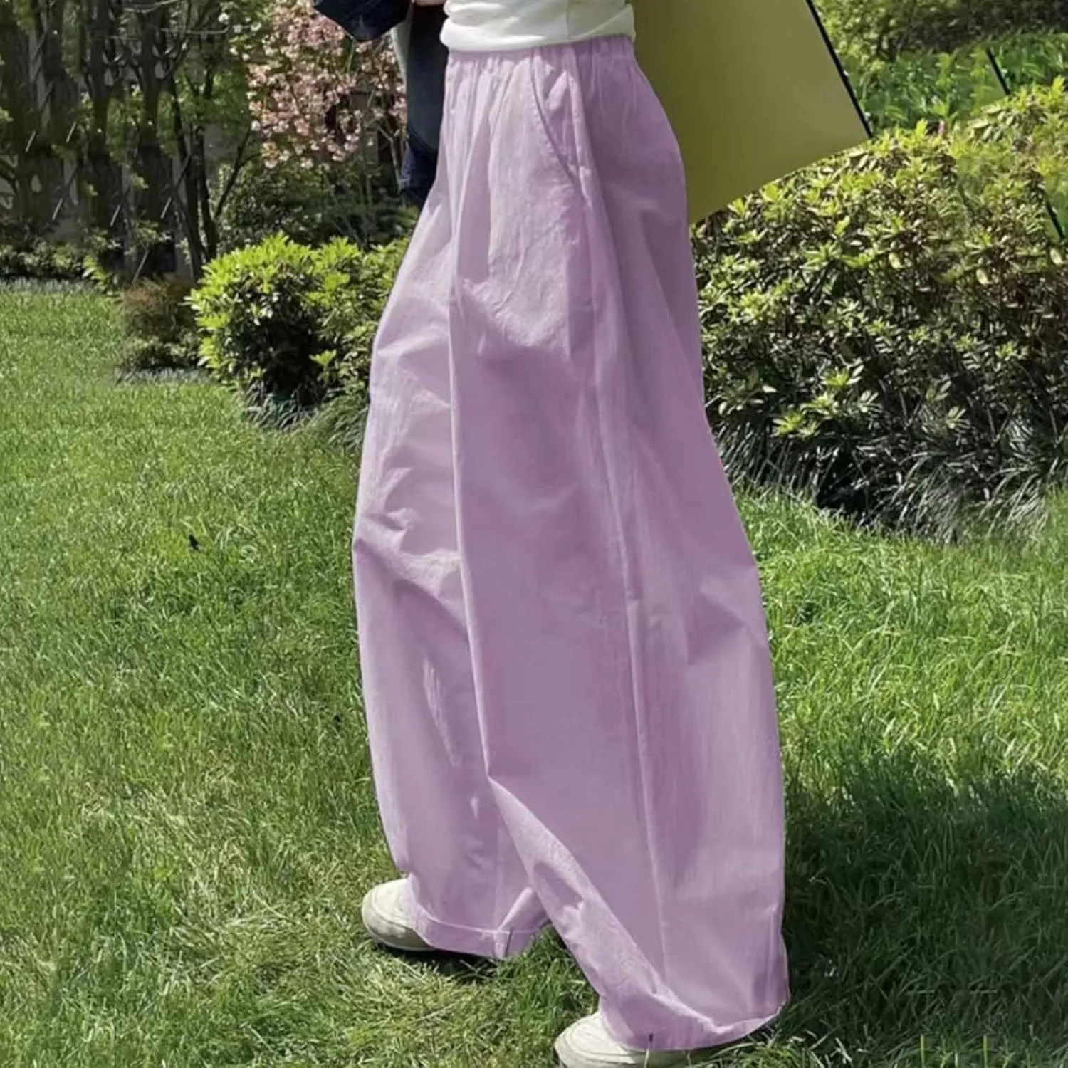 Plus Size Spring Cotton Linen Trousers for Women's Solid Elastic Waist Straight Tube Casual Wide Leg Lounge Pants