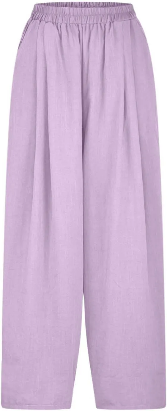 Plus Size Spring Cotton Linen Trousers for Women's Solid Elastic Waist Straight Tube Casual Wide Leg Lounge Pants