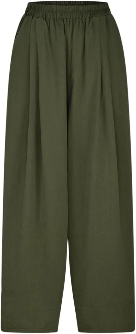 Plus Size Spring Cotton Linen Trousers for Women's Solid Elastic Waist Straight Tube Casual Wide Leg Lounge Pants