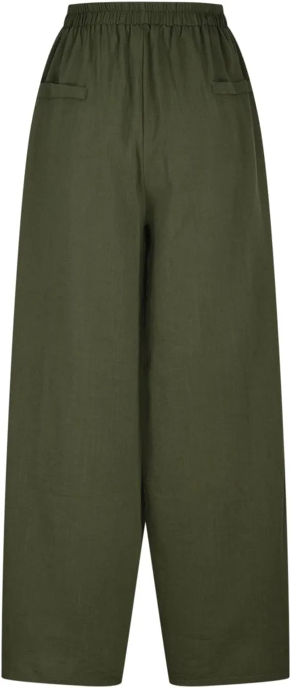 Plus Size Spring Cotton Linen Trousers for Women's Solid Elastic Waist Straight Tube Casual Wide Leg Lounge Pants