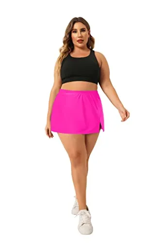 Plus Size Swim Skirt With Built In Brief Bottoms For Women-Neon Pink