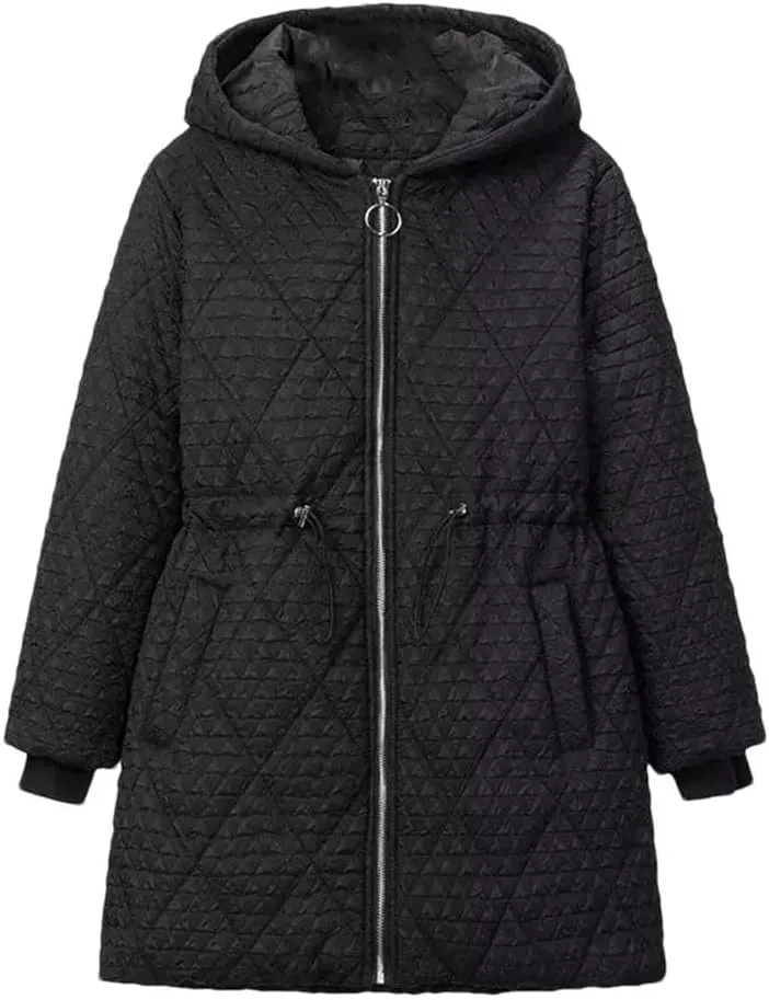Plus Size Women Hooded Parka Winter Loose Drawstring Waist Embossed Cotton-Padded Coat