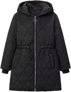 Plus Size Women Hooded Parka Winter Loose Drawstring Waist Embossed Cotton-Padded Coat