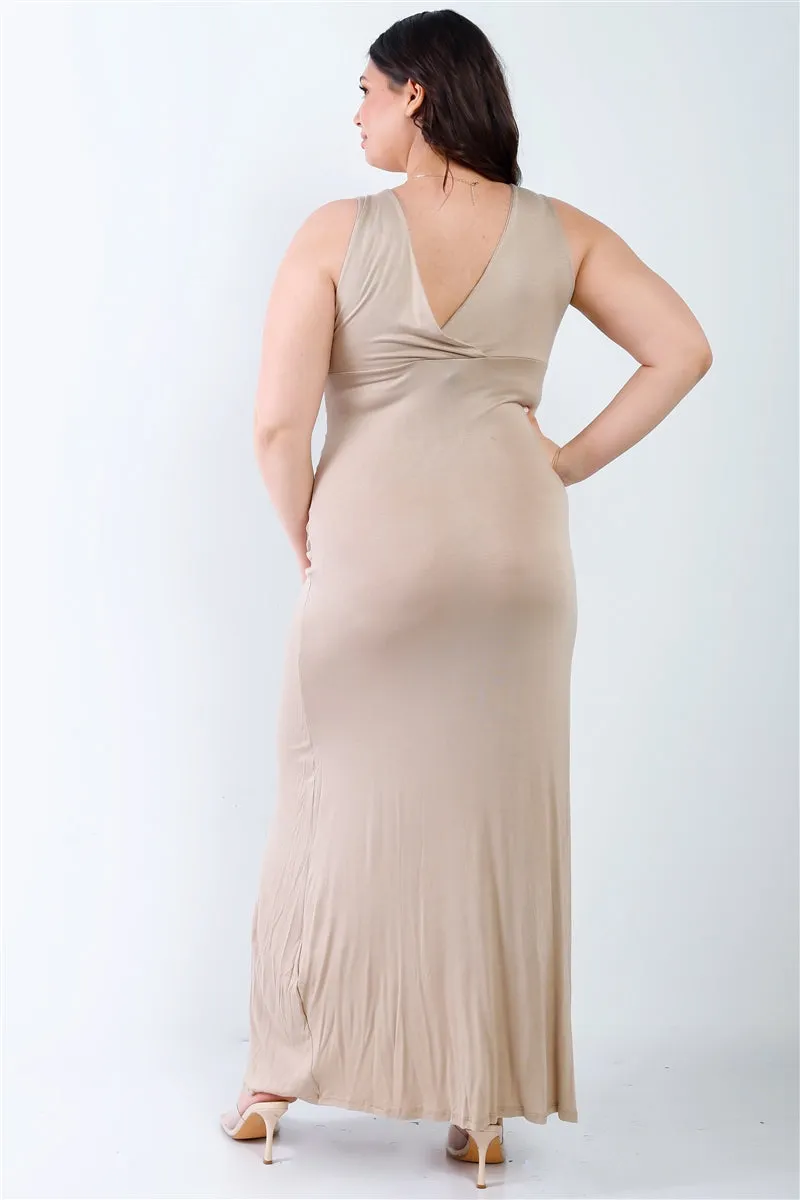 Plus V neck Sleeveless Loose Plain Long Maxi Casual Beige Dress