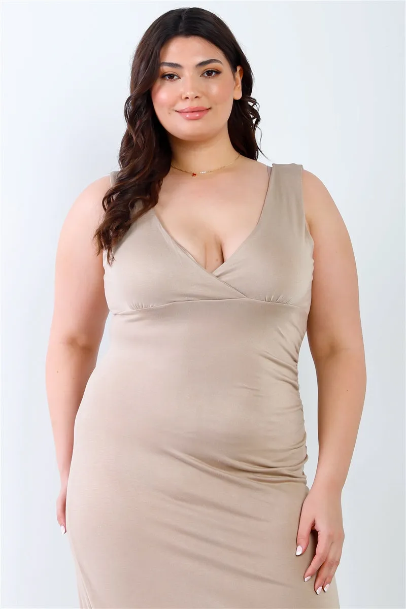 Plus V neck Sleeveless Loose Plain Long Maxi Casual Beige Dress