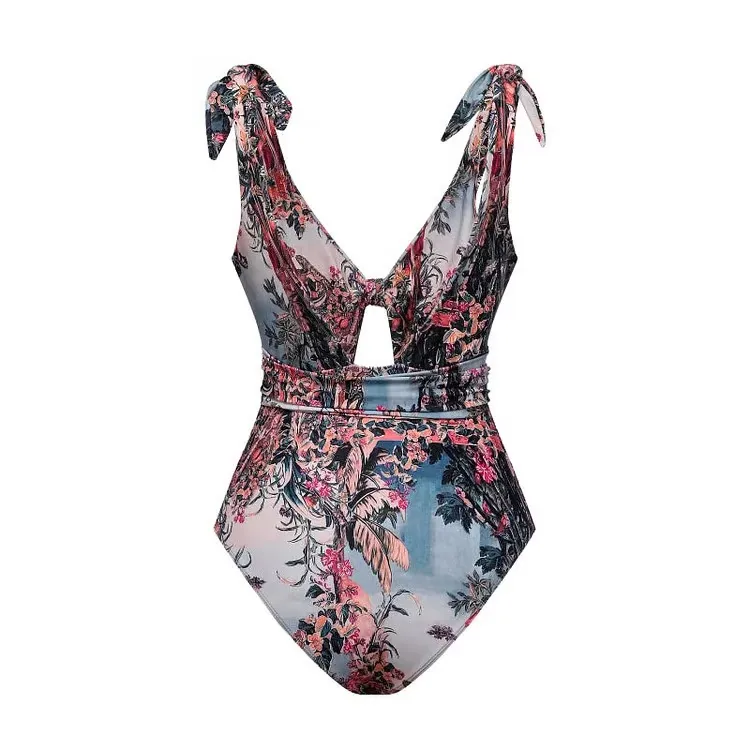 Poki - One-Piece Swimsuit Set with Shoulder Ties and Hollow Print