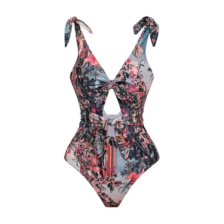 Poki - One-Piece Swimsuit Set with Shoulder Ties and Hollow Print