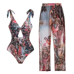 Poki - One-Piece Swimsuit Set with Shoulder Ties and Hollow Print