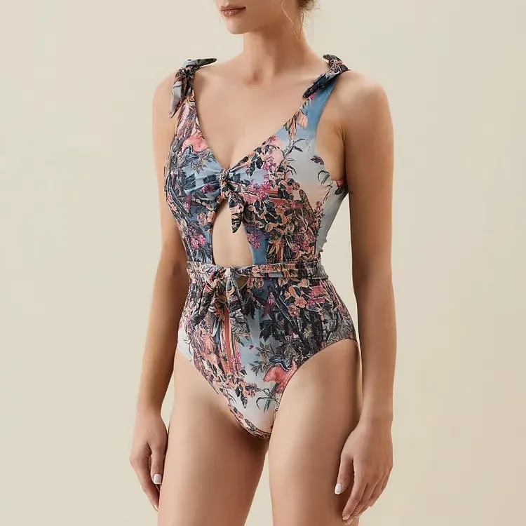 Poki - One-Piece Swimsuit Set with Shoulder Ties and Hollow Print