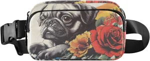 Pug Floral Fanny Pack Water Resistant, Women Men Waist Pack Sling Bag Purse for Travel Hiking