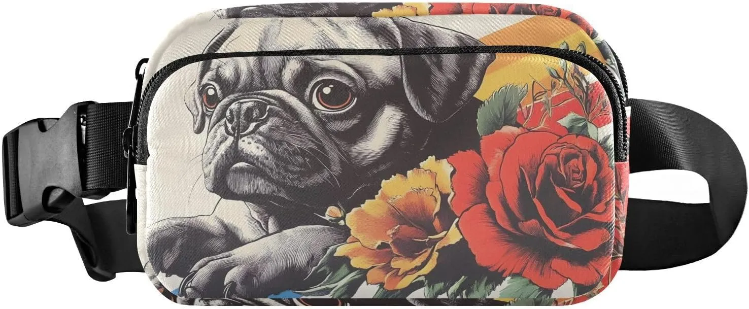 Pug Floral Fanny Pack Water Resistant, Women Men Waist Pack Sling Bag Purse for Travel Hiking