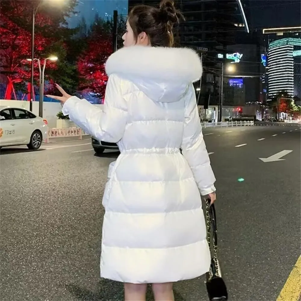 Pulcykp Women Winter Long Down Parkas Cotton Padded Jacket Hooded Thick Warm Snow Coat