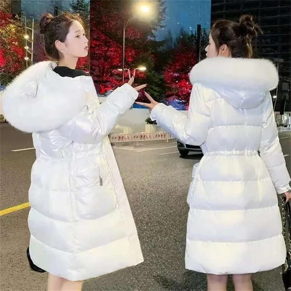 Pulcykp Women Winter Long Down Parkas Cotton Padded Jacket Hooded Thick Warm Snow Coat