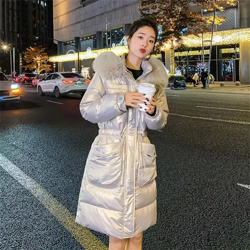 Pulcykp Women Winter Long Down Parkas Cotton Padded Jacket Hooded Thick Warm Snow Coat