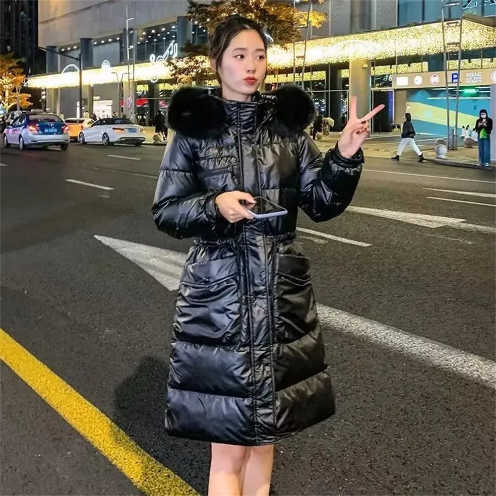 Pulcykp Women Winter Long Down Parkas Cotton Padded Jacket Hooded Thick Warm Snow Coat