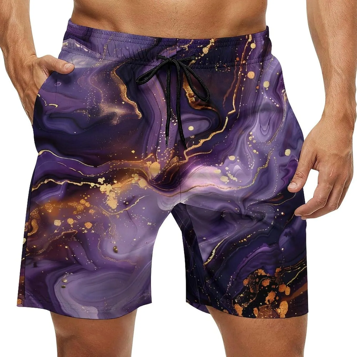 Purple And Gold Abstract Men's Swim Trunks Quick Dry Board Shorts Breathable Summer Beach Shorts Bathing Suits