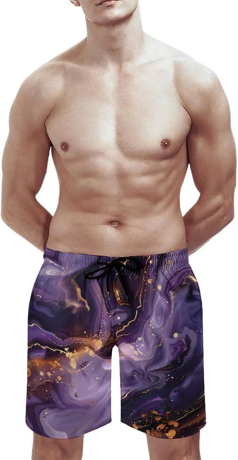 Purple And Gold Abstract Men's Swim Trunks Quick Dry Board Shorts Breathable Summer Beach Shorts Bathing Suits