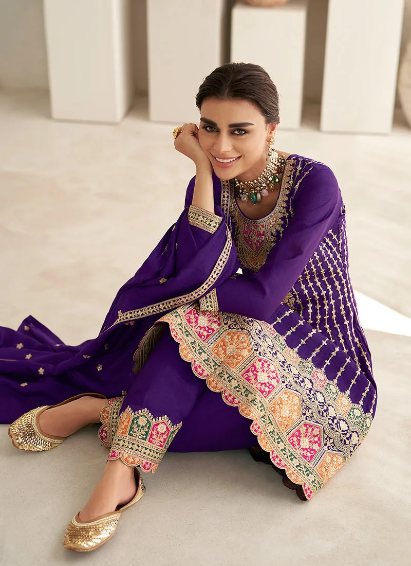 Purple Multi Embroidery Anarkali Dhoti Pant Suit