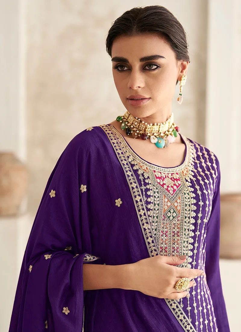 Purple Multi Embroidery Anarkali Dhoti Pant Suit