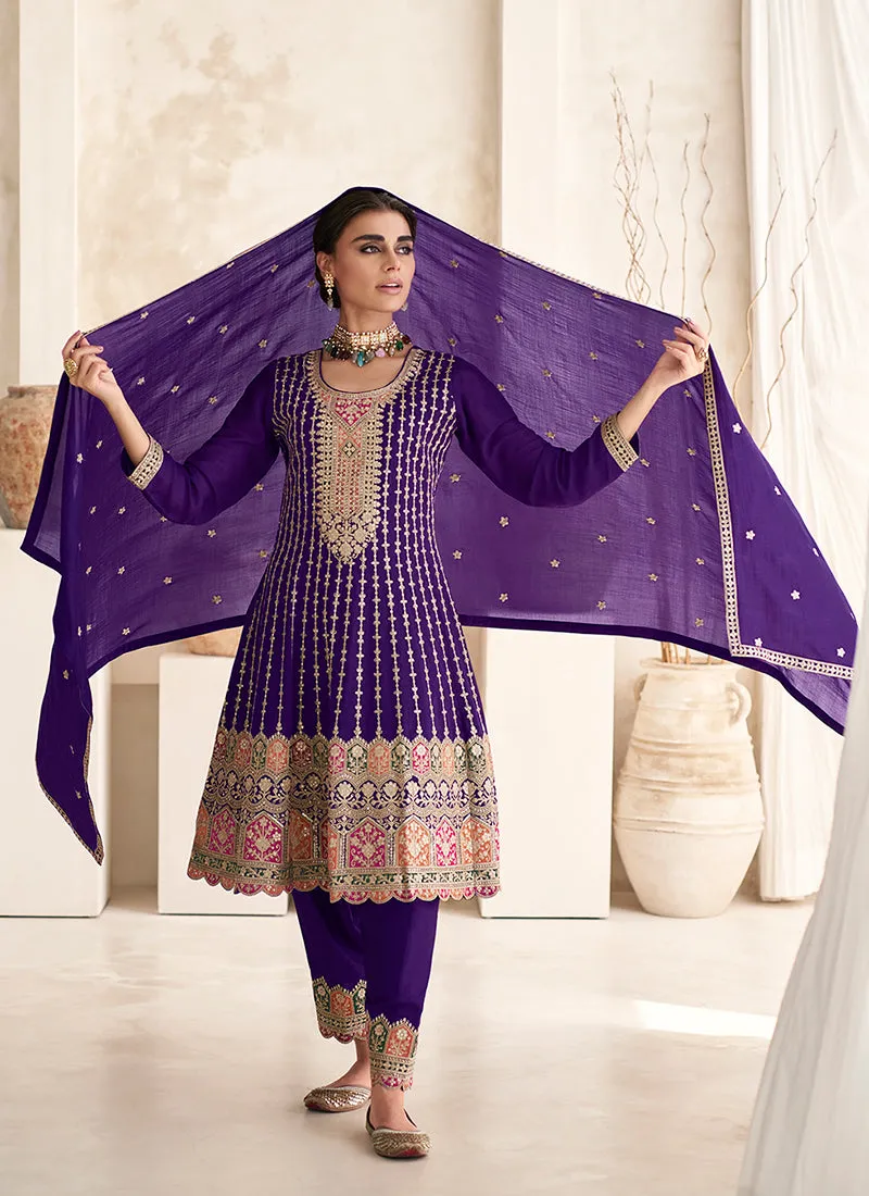 Purple Multi Embroidery Anarkali Dhoti Pant Suit