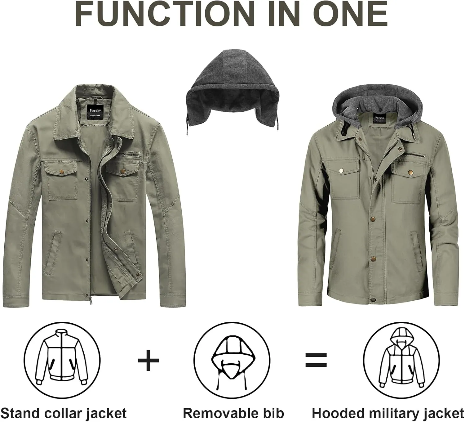 Pursky Men's Canvas Cotton Military Casual Field Jacket Outerwear With Removable Hood