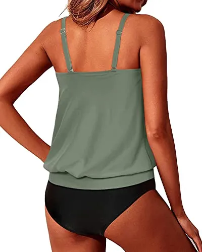 Push Up Bra Cups Blouson Tankini Swimsuits For Women-Olive Green
