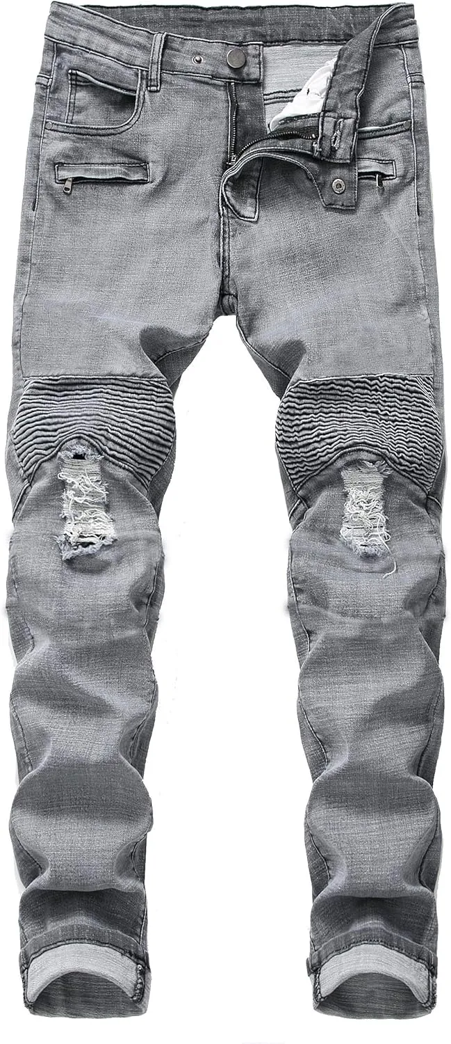 QIMYUM Men's Slim Fit Jeans Ripped Skinny Jeans for Men, Fashion Biker Jeans Stretch Moto Cargo Denim Pants