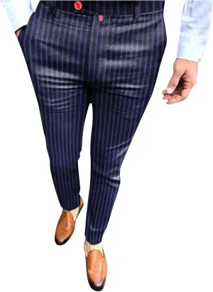 QWENTMTNTY Mens Striped Slim Fit Dress Pants Stretch Wrinkle Free Chino Pants Business Casual Straight Leg Tapered Trousers Dark Blue