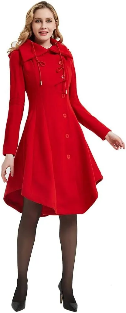 QZUnique Long Trench Pea Coat for Women - Wool Winter Trench Coat Goth Lapel Peacoat Outwear Thick Hood Pea Jacket Trenchcoat