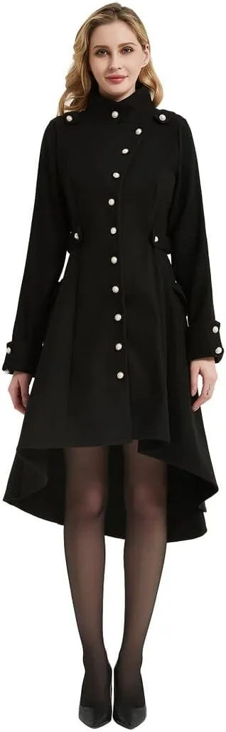 QZUnique Long Trench Pea Coat for Women - Wool Winter Trench Coat Goth Lapel Peacoat Outwear Thick Hood Pea Jacket Trenchcoat
