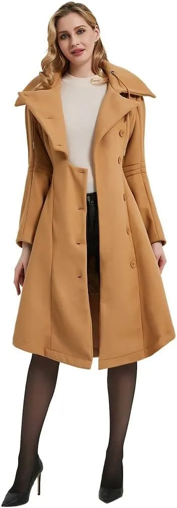 QZUnique Long Trench Pea Coat for Women - Wool Winter Trench Coat Goth Lapel Peacoat Outwear Thick Hood Pea Jacket Trenchcoat