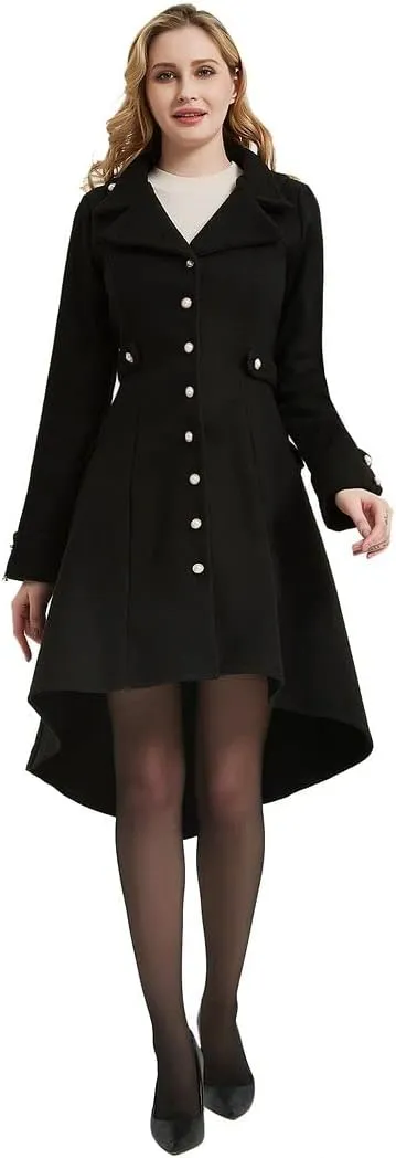 QZUnique Long Trench Pea Coat for Women - Wool Winter Trench Coat Goth Lapel Peacoat Outwear Thick Hood Pea Jacket Trenchcoat
