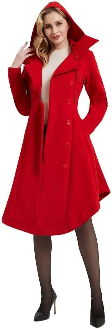 QZUnique Long Trench Pea Coat for Women - Wool Winter Trench Coat Goth Lapel Peacoat Outwear Thick Hood Pea Jacket Trenchcoat