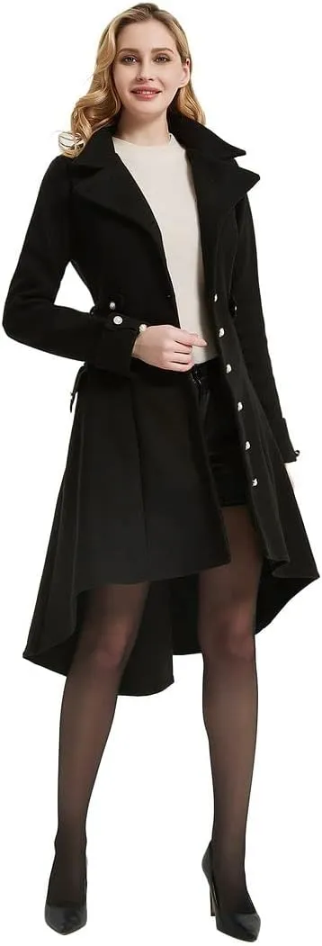QZUnique Long Trench Pea Coat for Women - Wool Winter Trench Coat Goth Lapel Peacoat Outwear Thick Hood Pea Jacket Trenchcoat