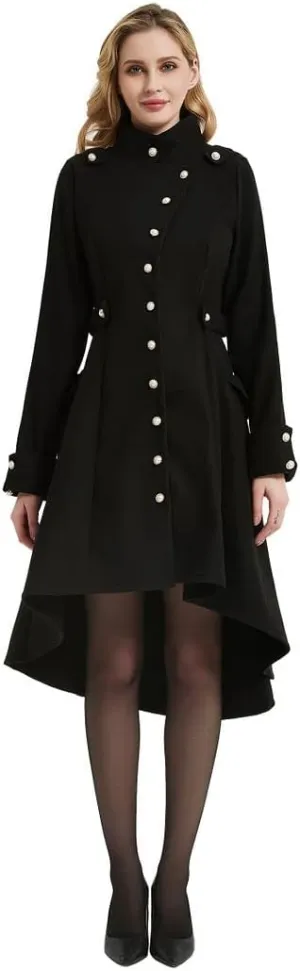 QZUnique Long Trench Pea Coat for Women - Wool Winter Trench Coat Goth Lapel Peacoat Outwear Thick Hood Pea Jacket Trenchcoat