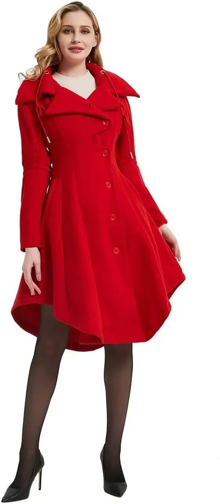 QZUnique Long Trench Pea Coat for Women - Wool Winter Trench Coat Goth Lapel Peacoat Outwear Thick Hood Pea Jacket Trenchcoat