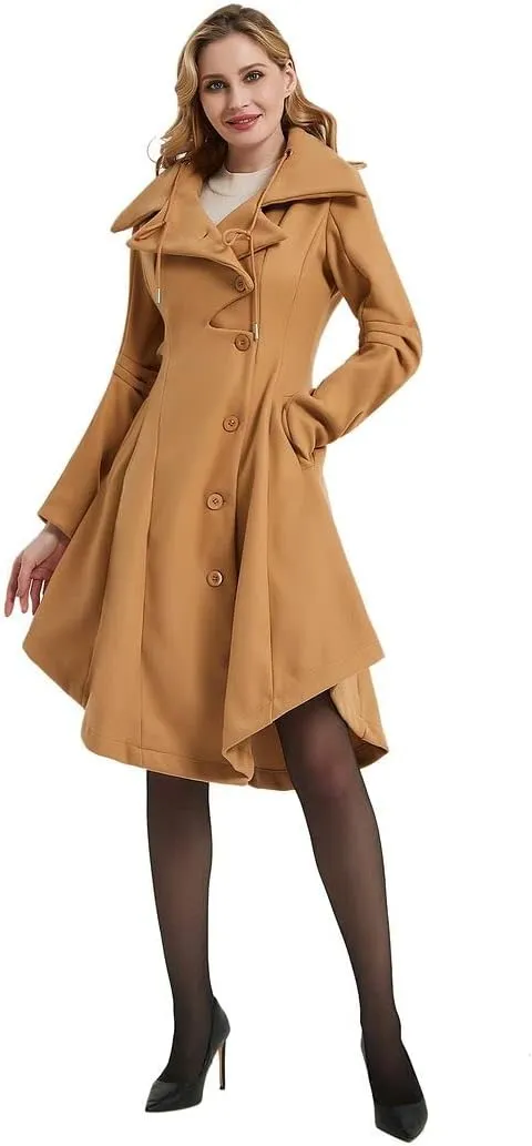 QZUnique Long Trench Pea Coat for Women - Wool Winter Trench Coat Goth Lapel Peacoat Outwear Thick Hood Pea Jacket Trenchcoat