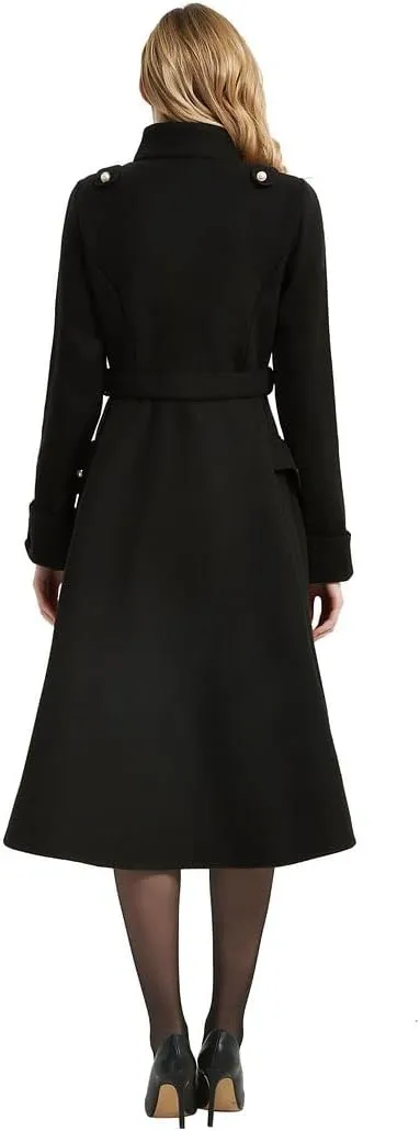 QZUnique Long Trench Pea Coat for Women - Wool Winter Trench Coat Goth Lapel Peacoat Outwear Thick Hood Pea Jacket Trenchcoat