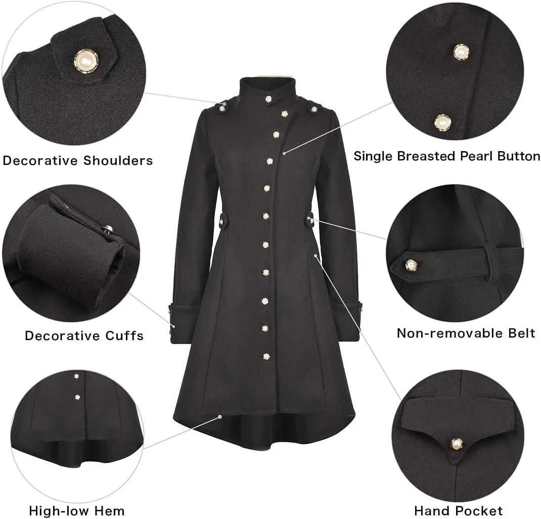QZUnique Long Trench Pea Coat for Women - Wool Winter Trench Coat Goth Lapel Peacoat Outwear Thick Hood Pea Jacket Trenchcoat