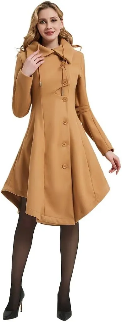 QZUnique Long Trench Pea Coat for Women - Wool Winter Trench Coat Goth Lapel Peacoat Outwear Thick Hood Pea Jacket Trenchcoat