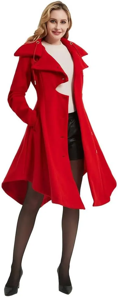 QZUnique Long Trench Pea Coat for Women - Wool Winter Trench Coat Goth Lapel Peacoat Outwear Thick Hood Pea Jacket Trenchcoat